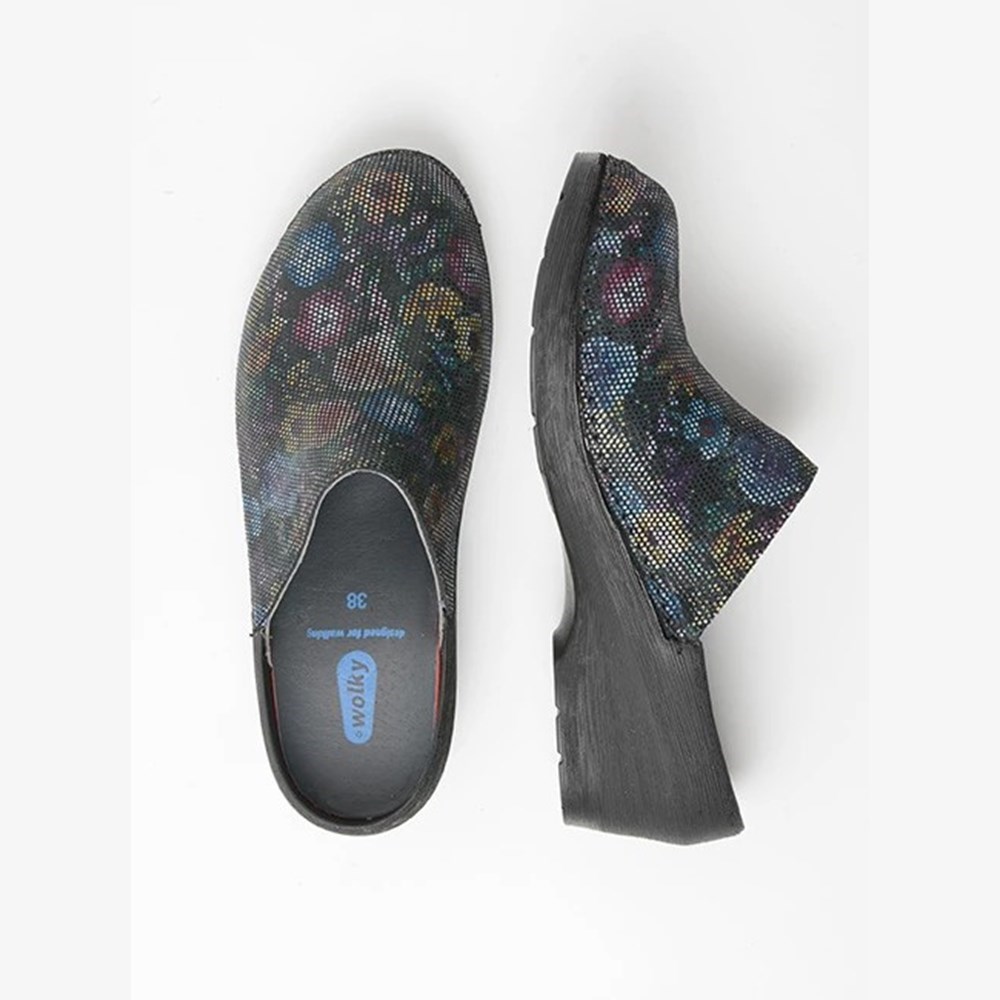 Flower Black Wolky Pro-clog Women's Clogs | HUKC34207