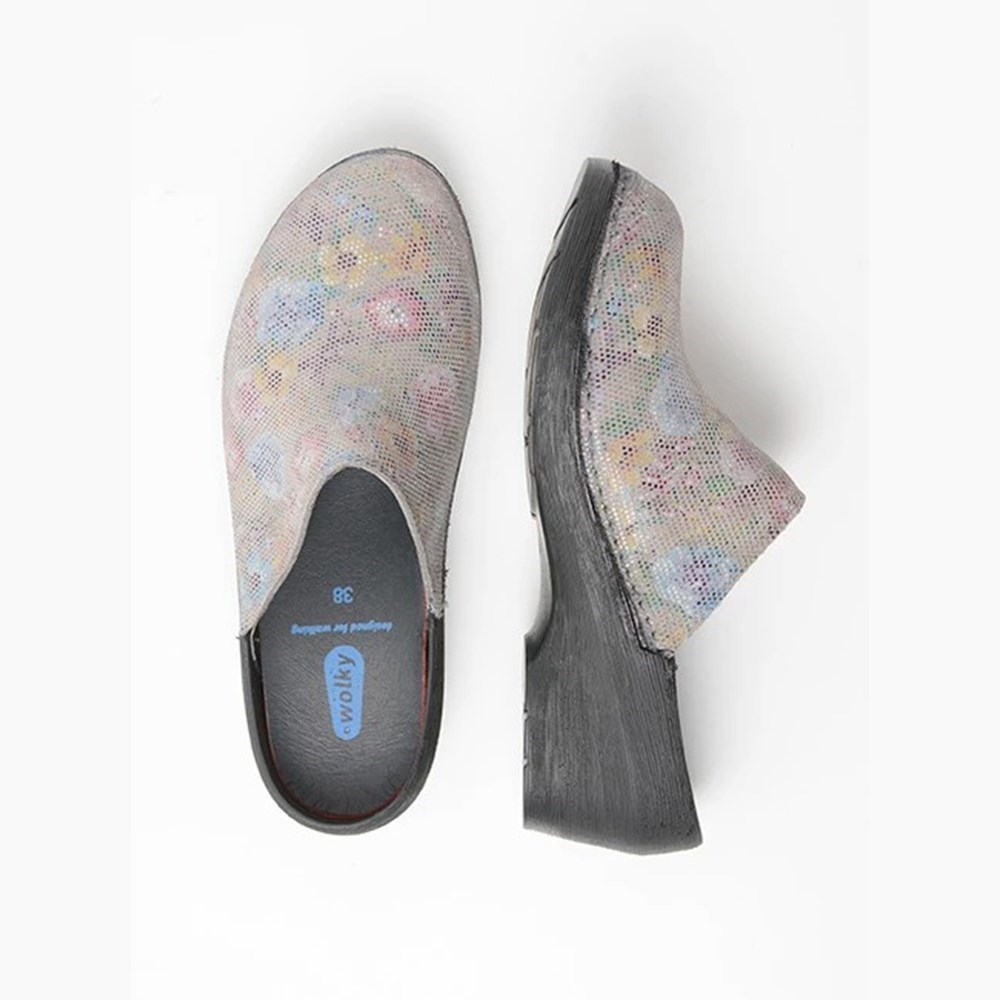 Flower Grey Brown Wolky Pro-clog Women's Clogs | KXQA40395