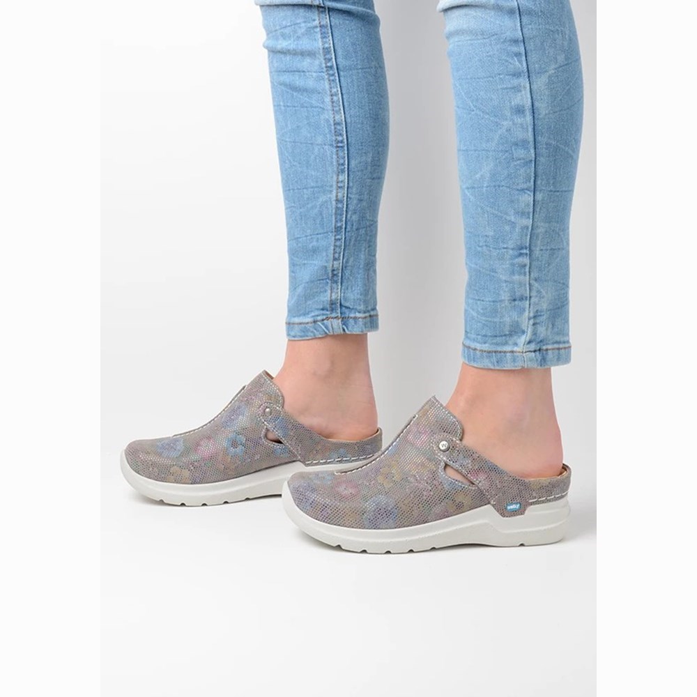 Grey Brown Flower Wolky Holland Women's Clogs | YXVN06489