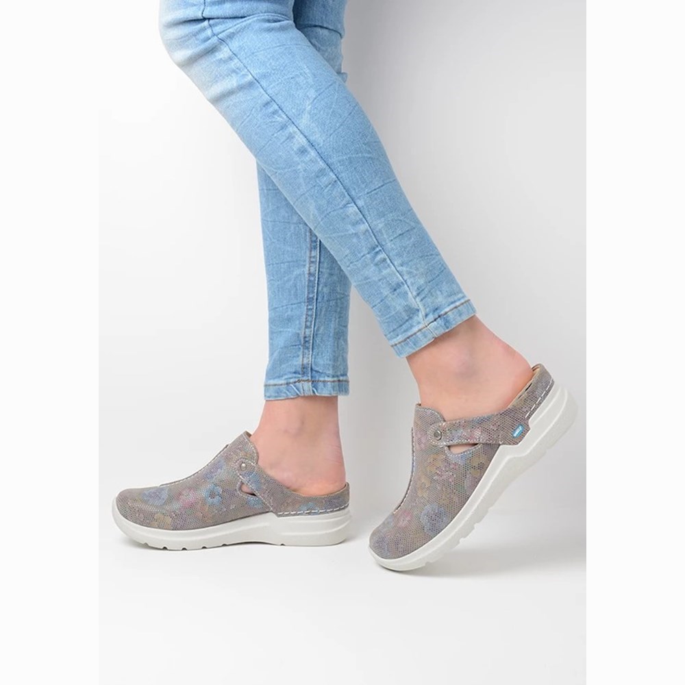 Grey Brown Flower Wolky Holland Women's Clogs | YXVN06489