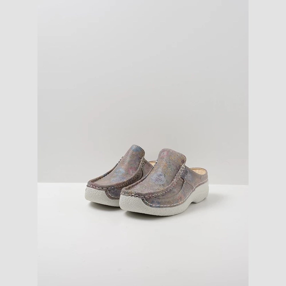 Grey Brown Flower Wolky Roll Women's Slides | JQYV23749