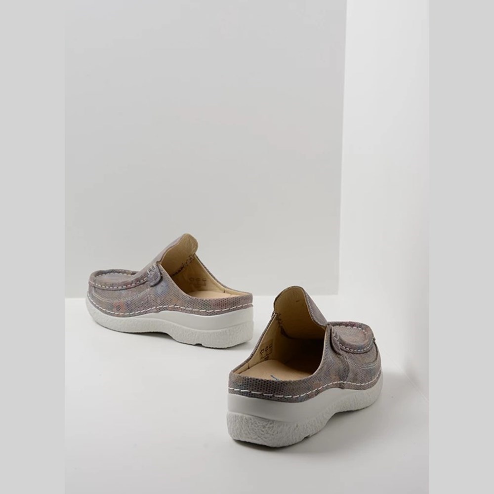 Grey Brown Flower Wolky Roll Women's Slides | JQYV23749